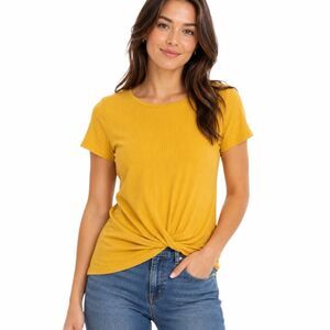 L.O.V. Women’s Mustard Yellow Ribbed Twist Front Short Sleeve Top Size Small